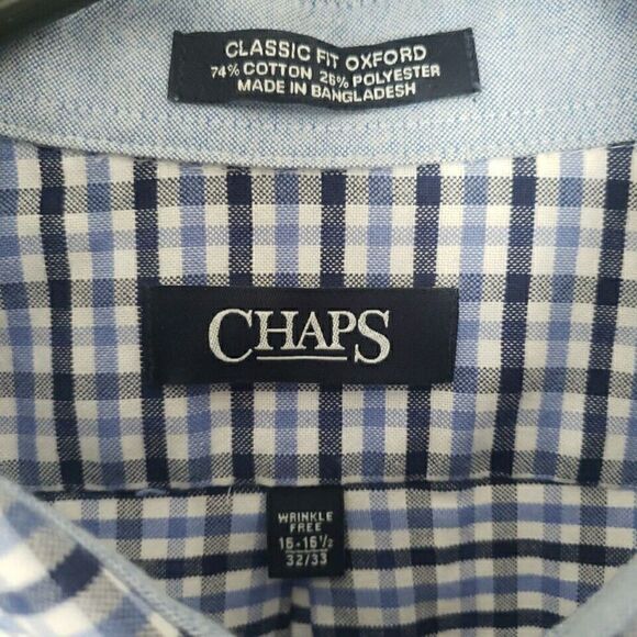 Chaps Mens Shirt Size L 16.5 Long Sleeve Button Up Blue Plaid Regular Fit Oxford - Picture 2 of 12